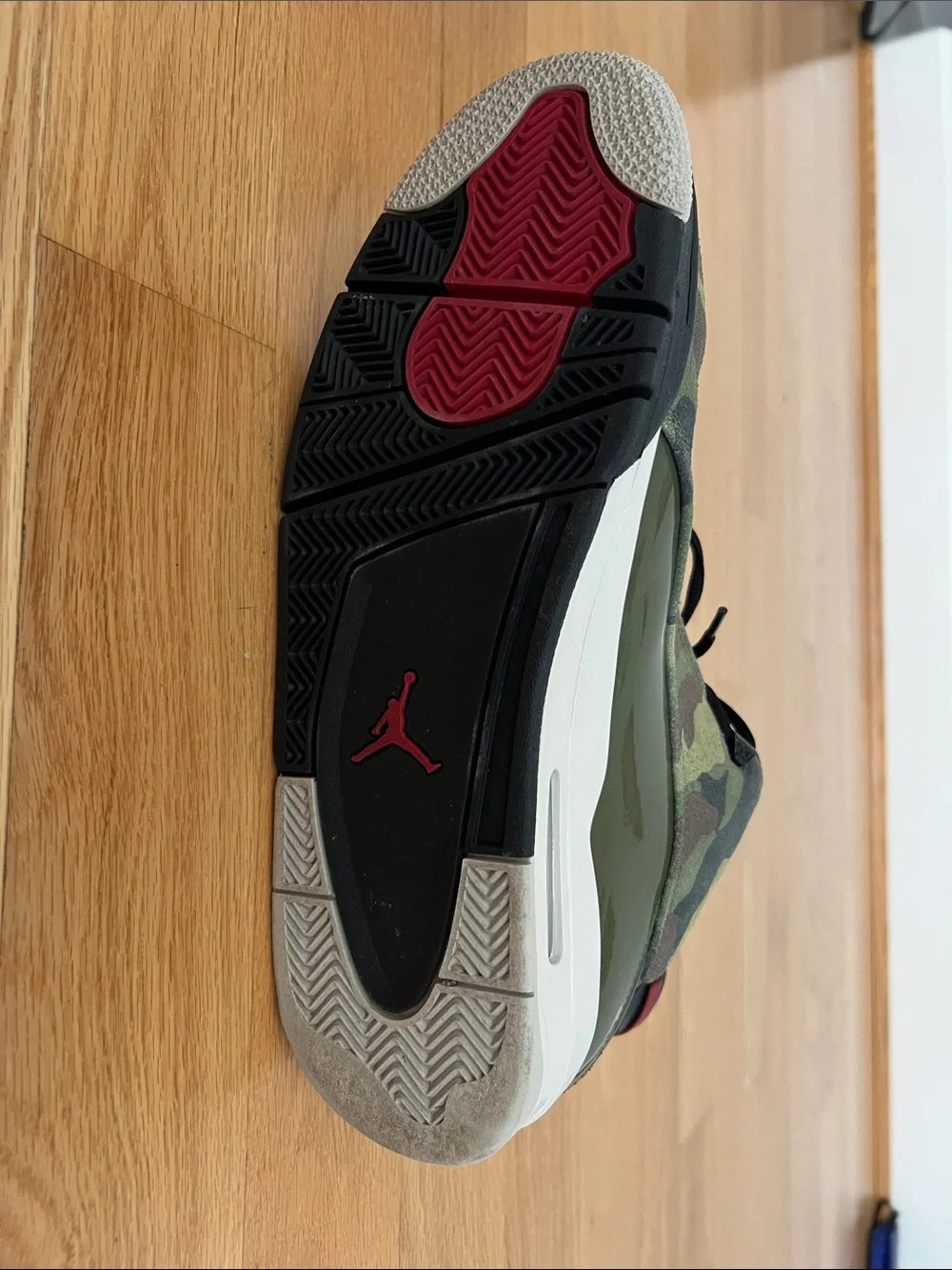 Jordan Camouflage Basketball Shoes in Olive Green and Black with Red Accents